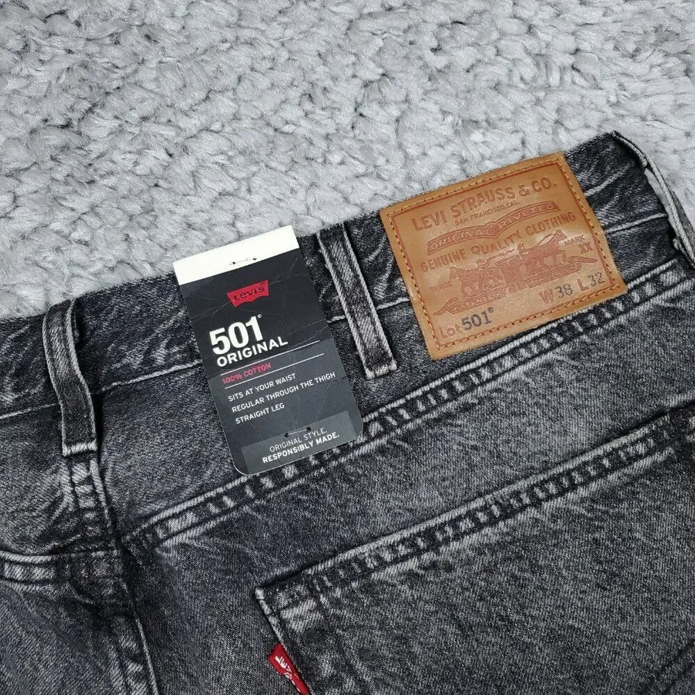 Levi's Premium 501 Original Straight Jeans Faded Black Distressed Size 38 X 32